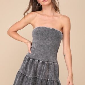 Lulus Cute Always Black Mineral Washed Ribbed Tiered Mini Dress - Size M